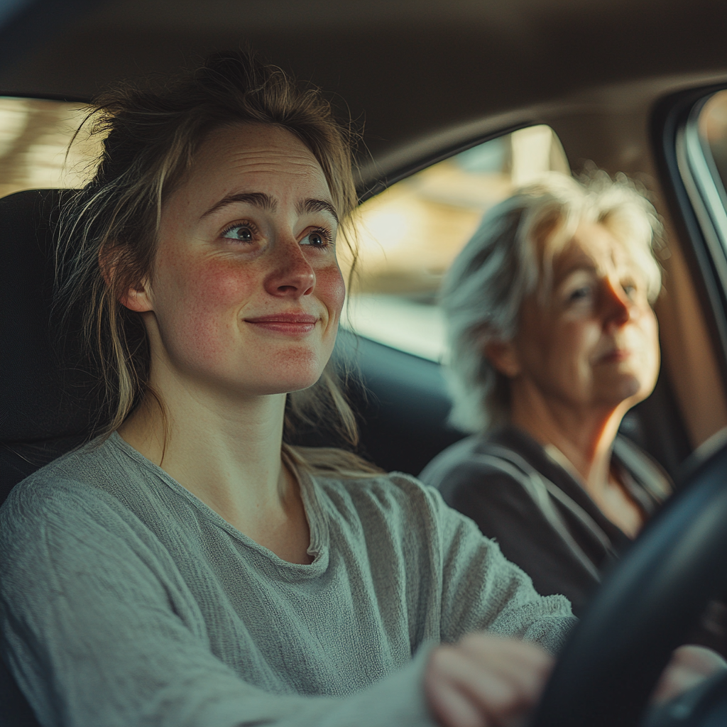 Une femme conduisant une voiture avec sa belle-mère sur le siège passager | Source : Midjourney