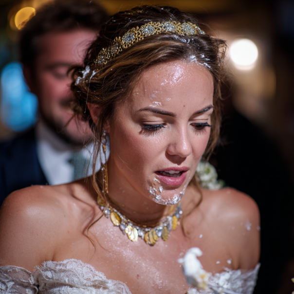 Crème à gâteau sur le visage d'une mariée dévastée | Source : Midjourney