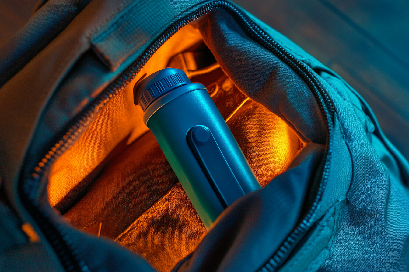 Vue partielle d'un inhalateur pour asthme dans un sac | Source : Midjourney