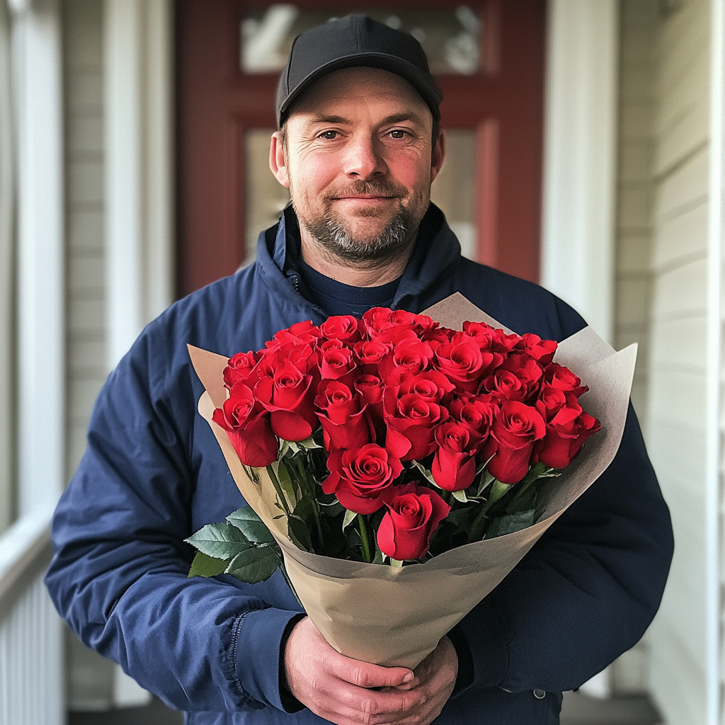 Un livreur tenant un bouquet de roses | Source : Midjourney