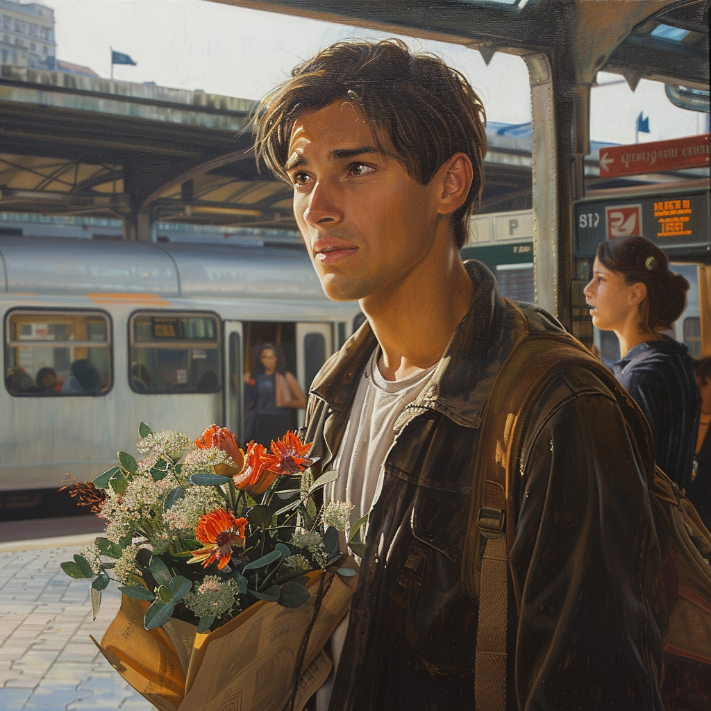 Un jeune homme surpris portant un bouquet de fleurs | Source : Midjourney