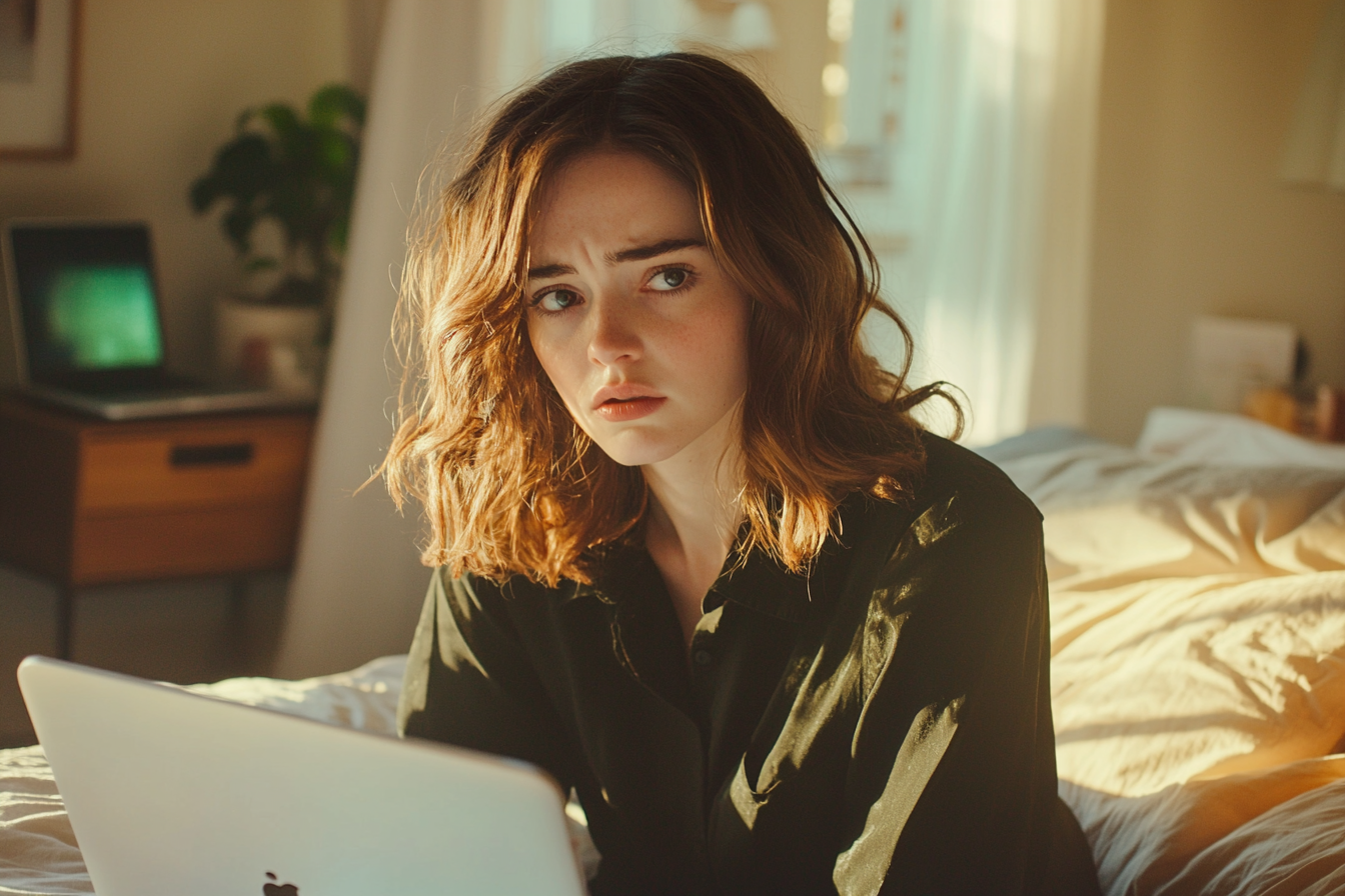 Une femme inquiète assise sur un lit avec un ordinateur portable | Source : Midjourney