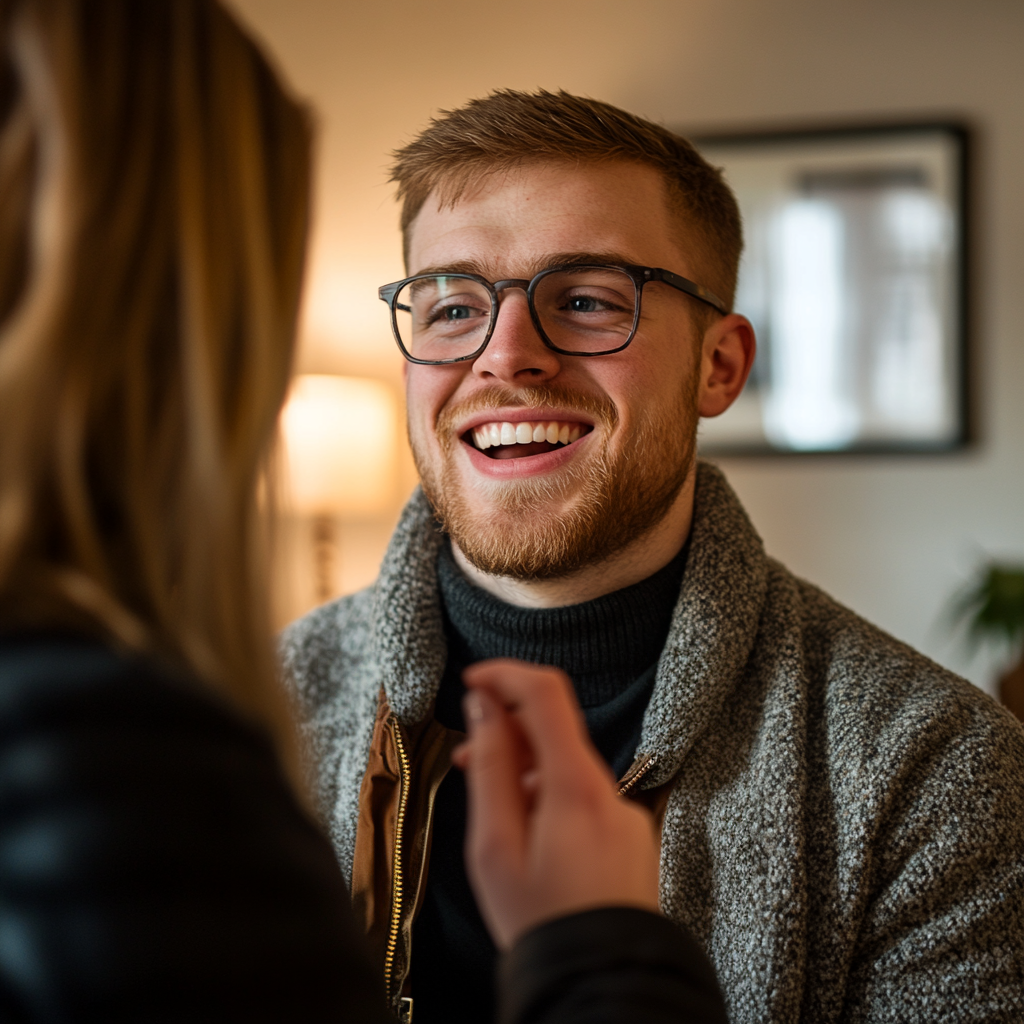 Un homme semble enthousiaste tout en parlant à sa femme | Source : Midjourney