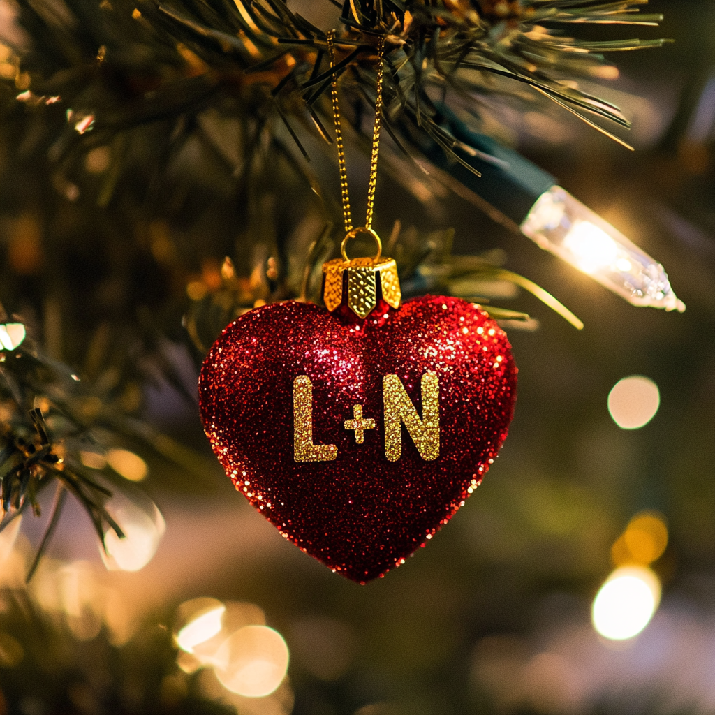 Une décoration en forme de cœur accrochée à un arbre de Noël | Source : Midjourney