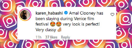 Un commentaire de fan sur le style d'Amal Clooney à la Mostra de Venise, tiré d'un diaporama de photos Instagram, daté du 2 septembre 2024 | Source : Instagram/justjared/