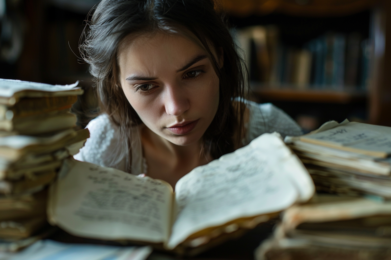 Une femme qui étudie de vieux documents | Source : MidJourney