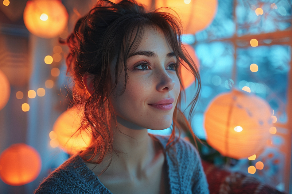 Une femme souriante perdue dans ses pensées profondes | Source : Midjourney