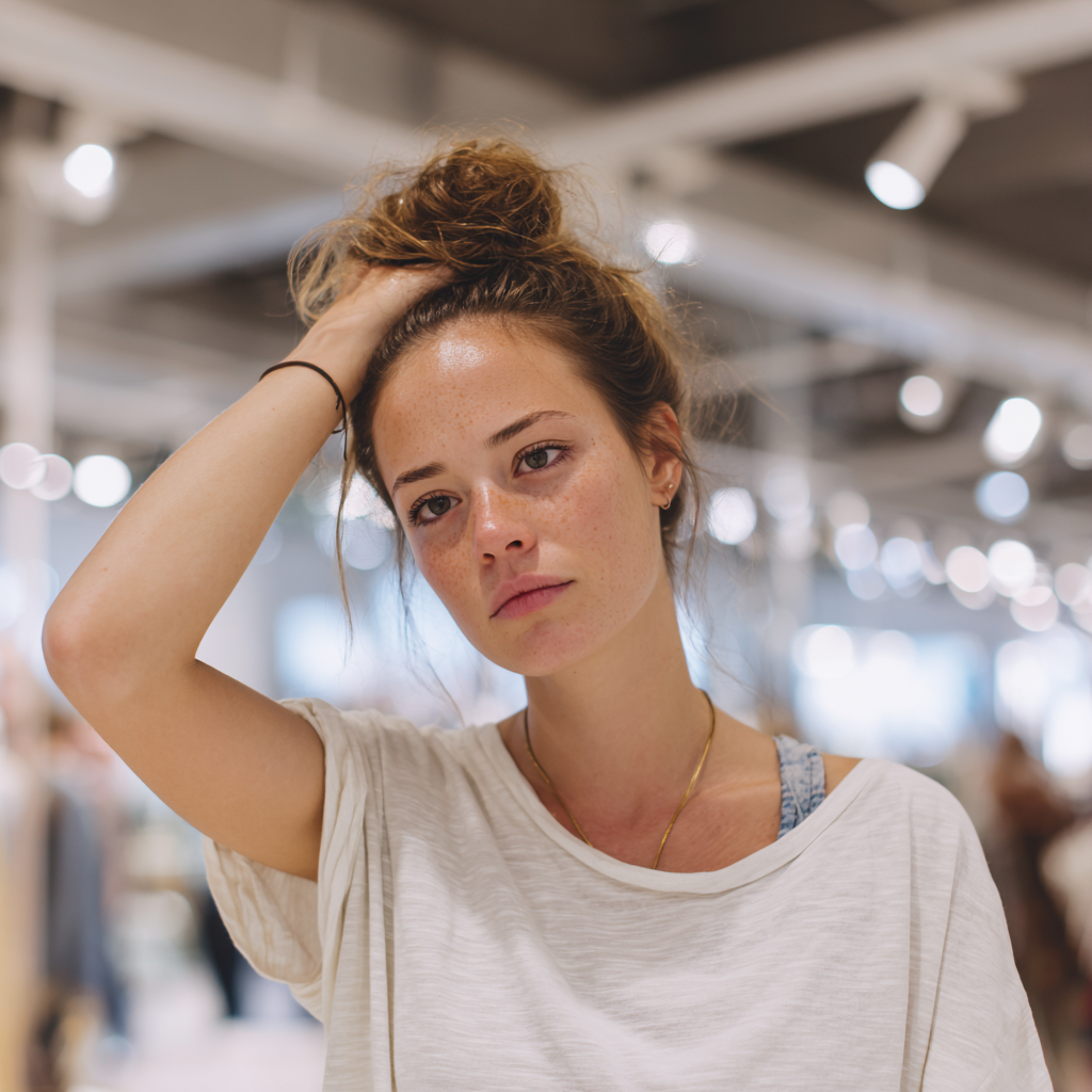 Une femme bouleversée se tient debout, la main sur la tête | Source : Midjourney