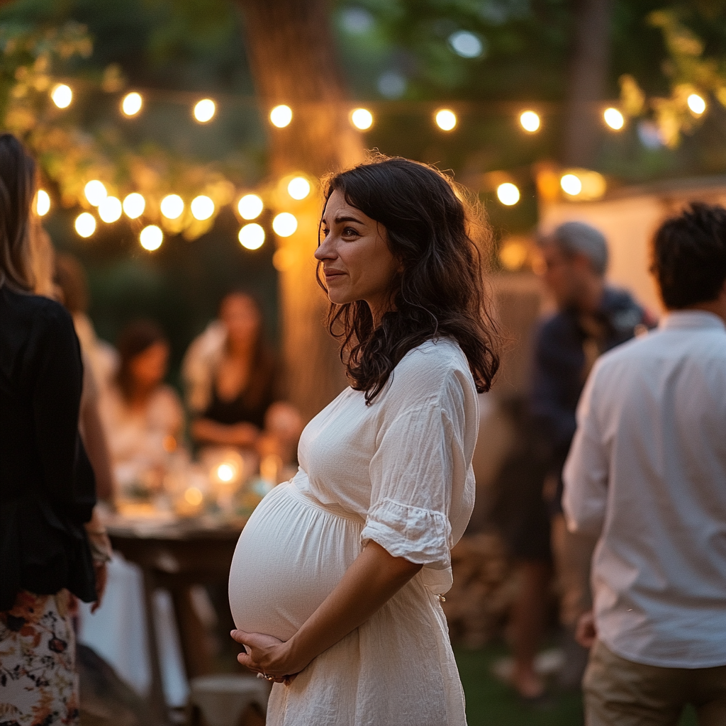 Femme enceinte à l'air embêté lors d'une fête | Source : Midjourney