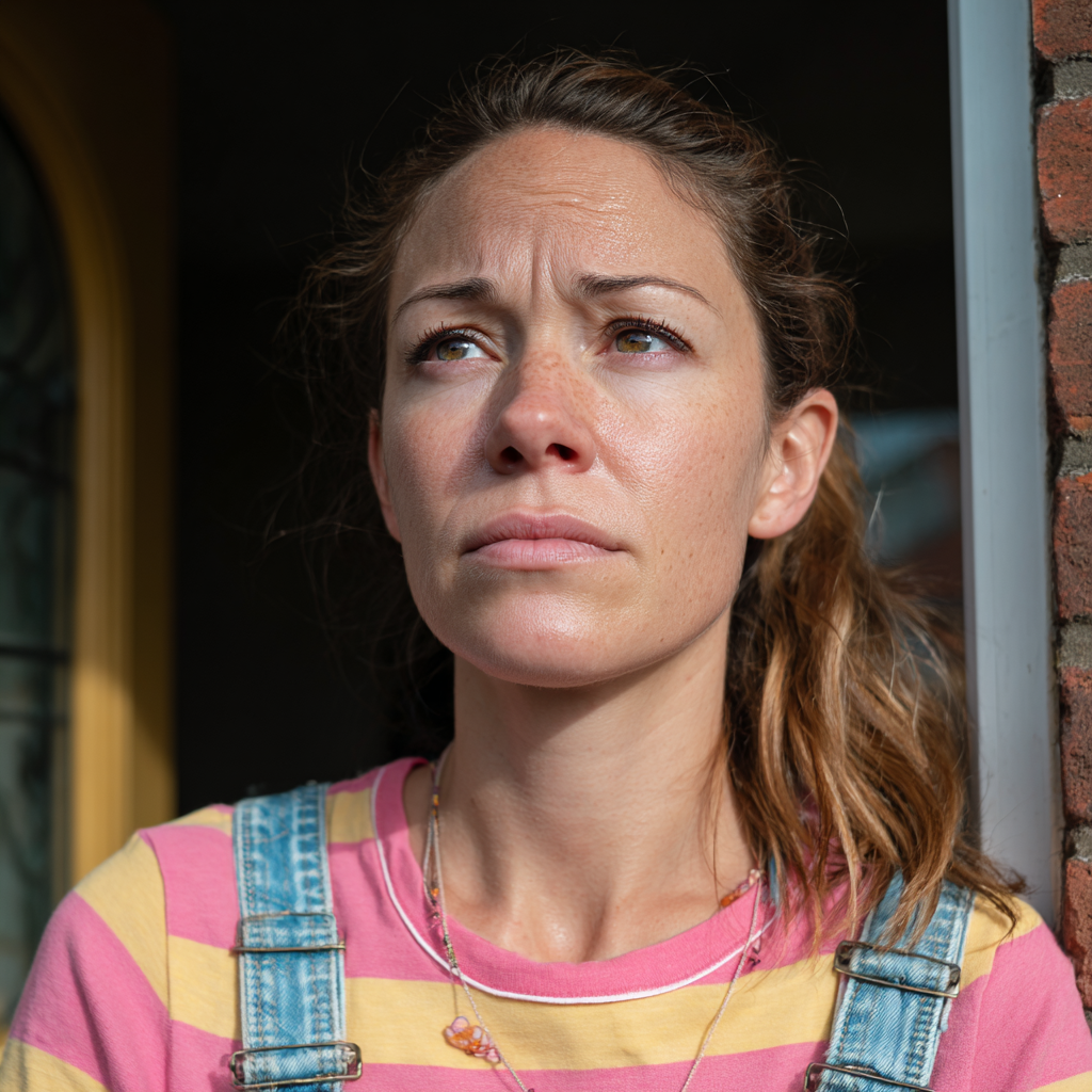 Une femme émotive devant sa porte d'entrée | Source : Midjourney