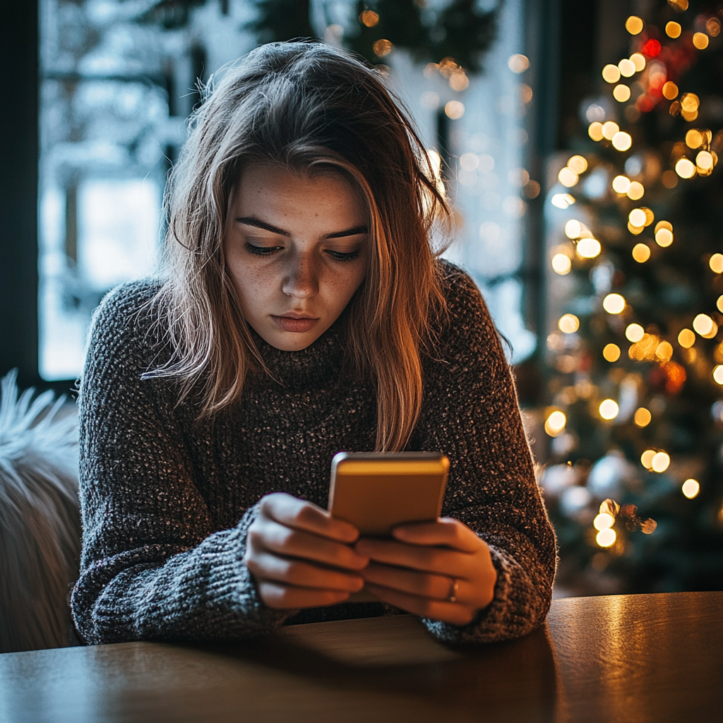 Une femme nerveuse qui regarde son téléphone | Source : Midjourney