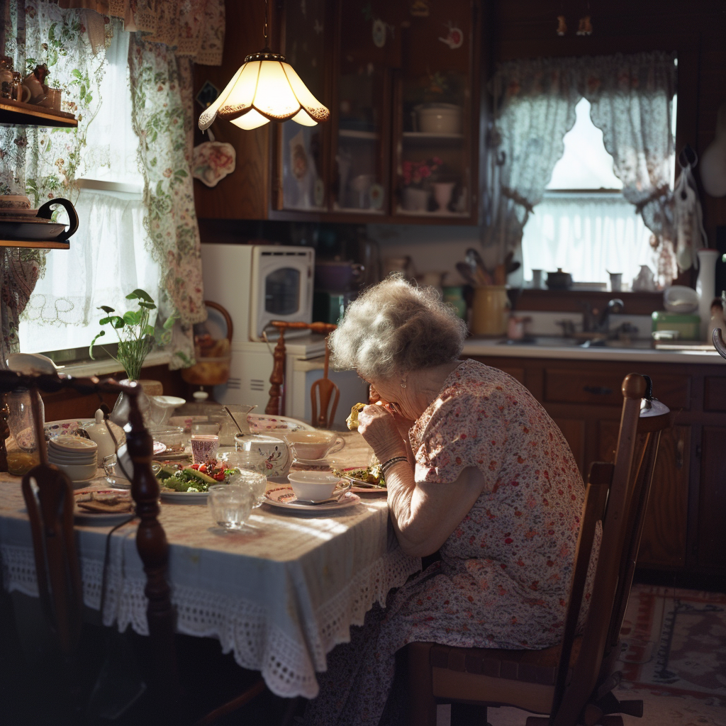 Une vieille femme assise à une table | Source : Midjourney