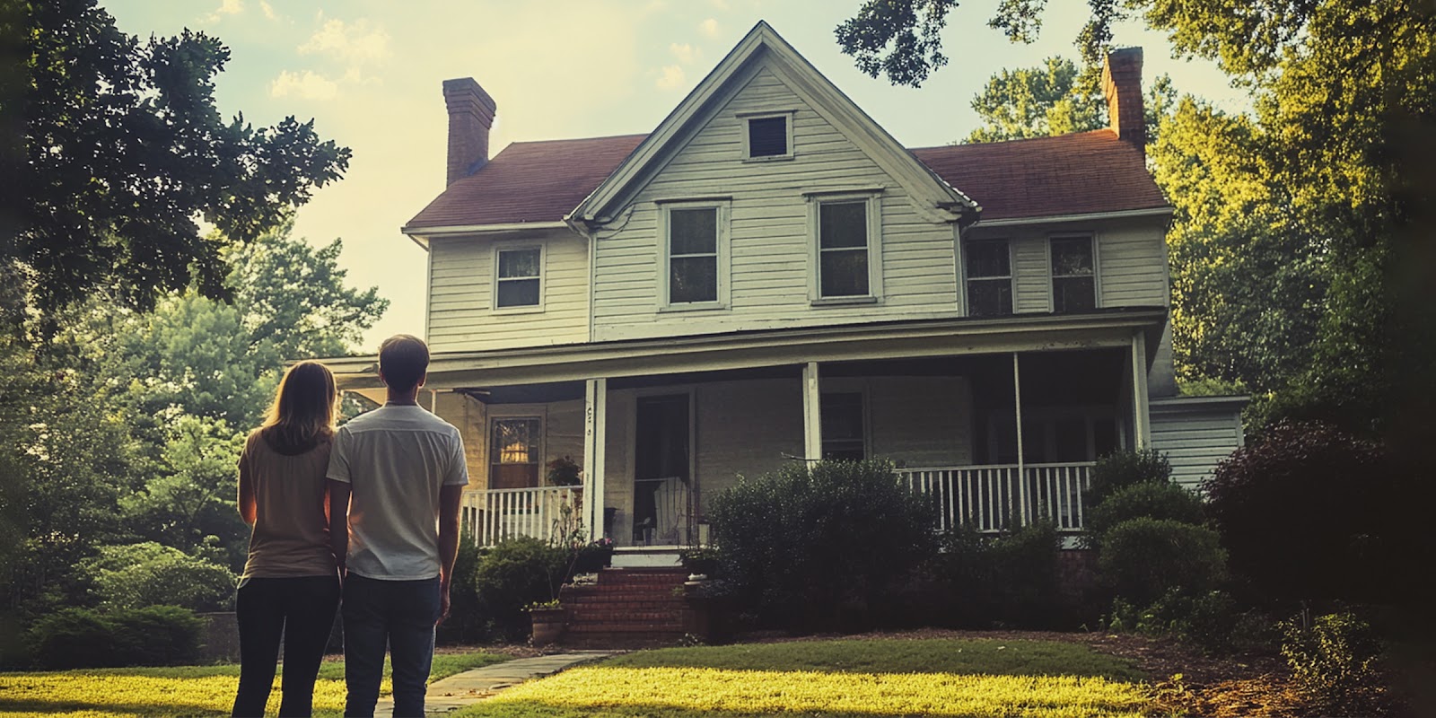 Un couple près d'une vieille maison. | Source : Midjourney