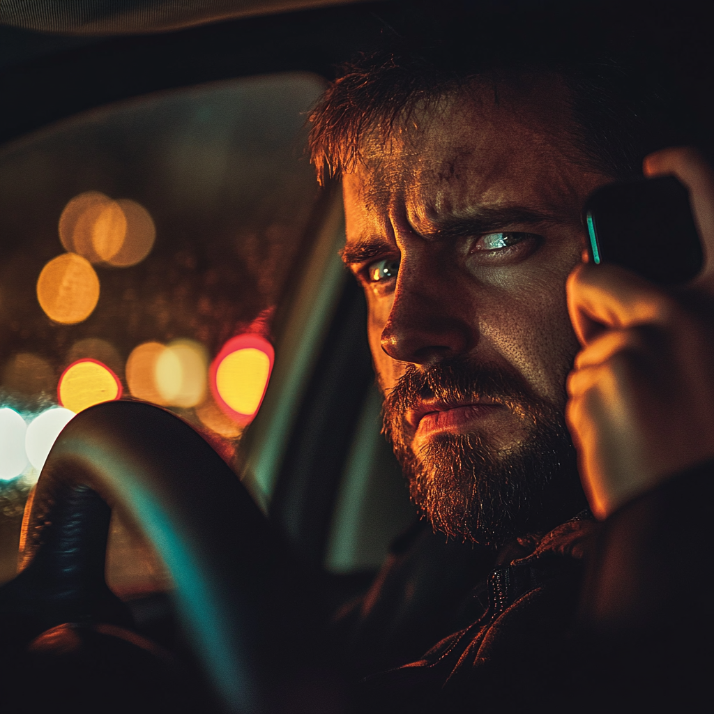 Un homme en colère qui parle au téléphone dans sa voiture | Source : Midjourney