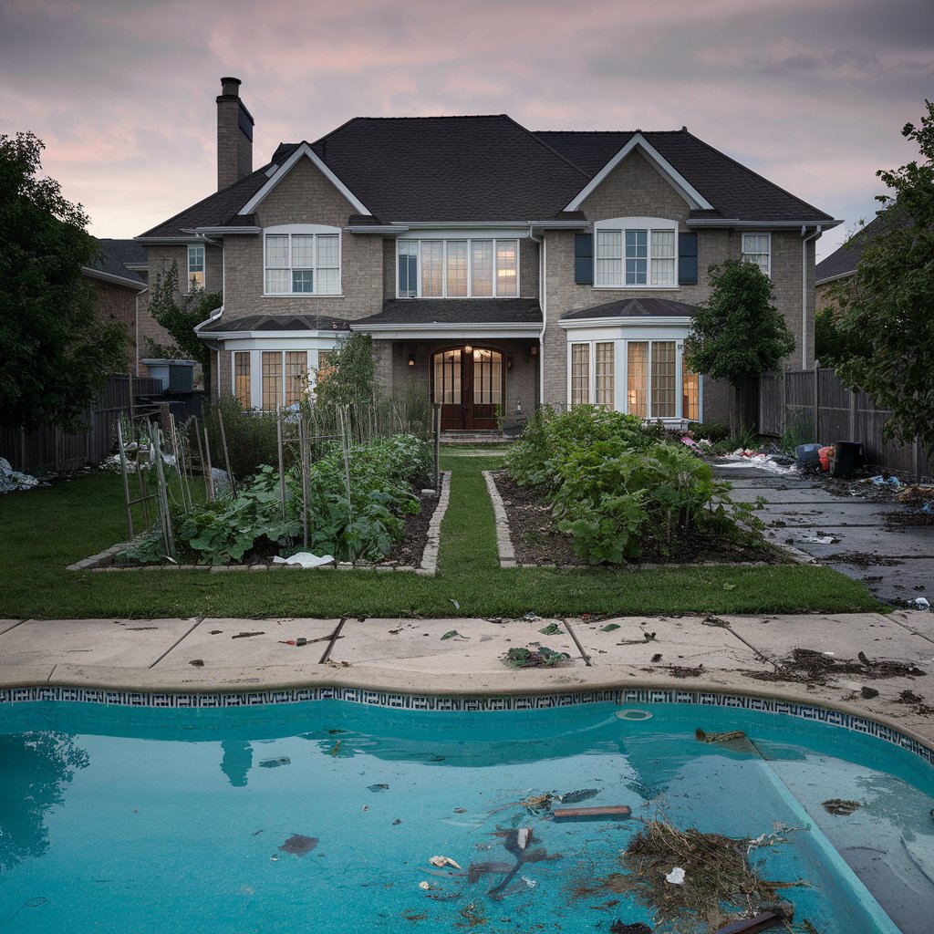 Un jardin et une piscine crasseux et jonchés de détritus | Source : Midjourney