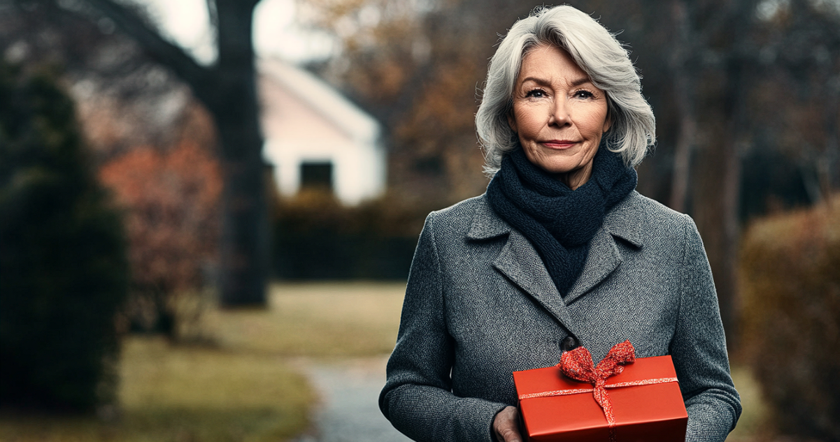 Une femme tenant une boîte rouge | Source : Midjourney