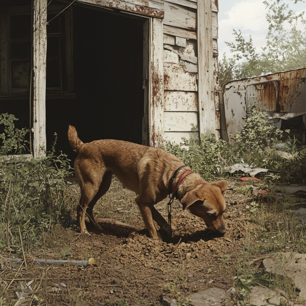 Un chien qui creuse à l'extérieur d'une maison abandonnée | Source : Midjourney