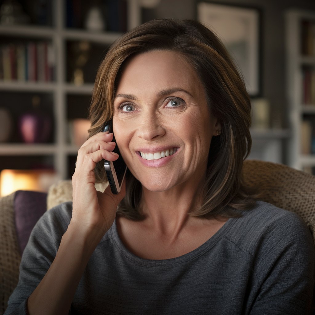 Une femme qui parle au téléphone portable en souriant | Source : Midjourney