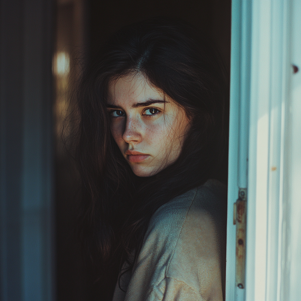 Une jeune femme sérieuse qui ferme sa porte | Source : Midjourney