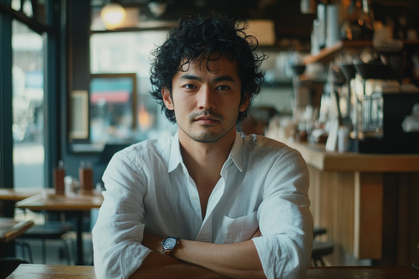 Un homme dans un café, les bras croisés, l'air sérieux | Source : Midjourney