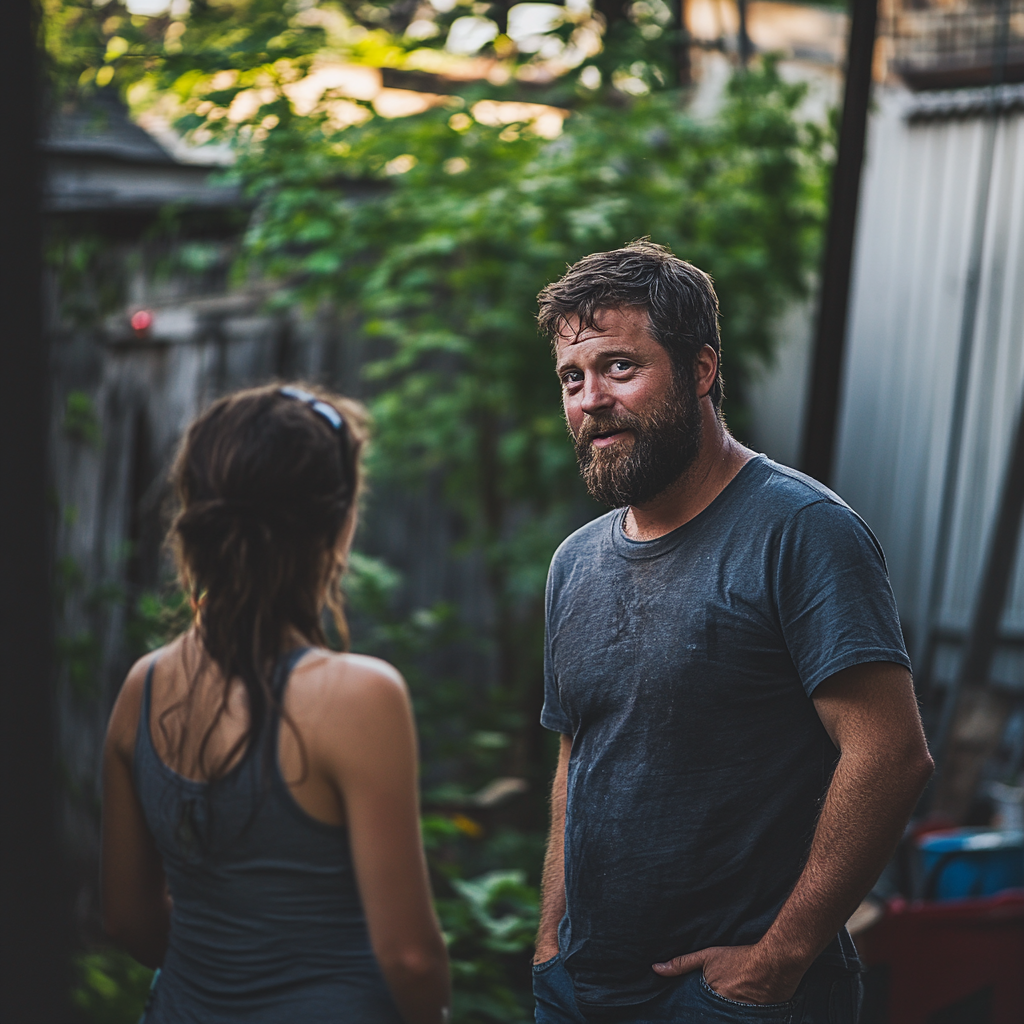 Un homme parle à une femme dans sa cour | Source : Midjourney