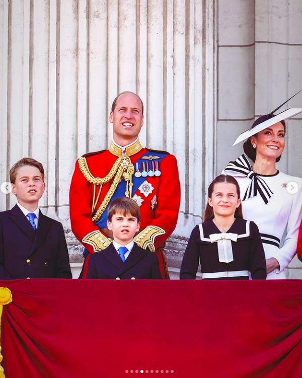 Le prince George, le prince William, le prince Louis, la princesse Charlotte et Kate Middleton lors du Trooping the Color, posté le 16 juin 2024 | Source : Instagram/princeandprincessofwales