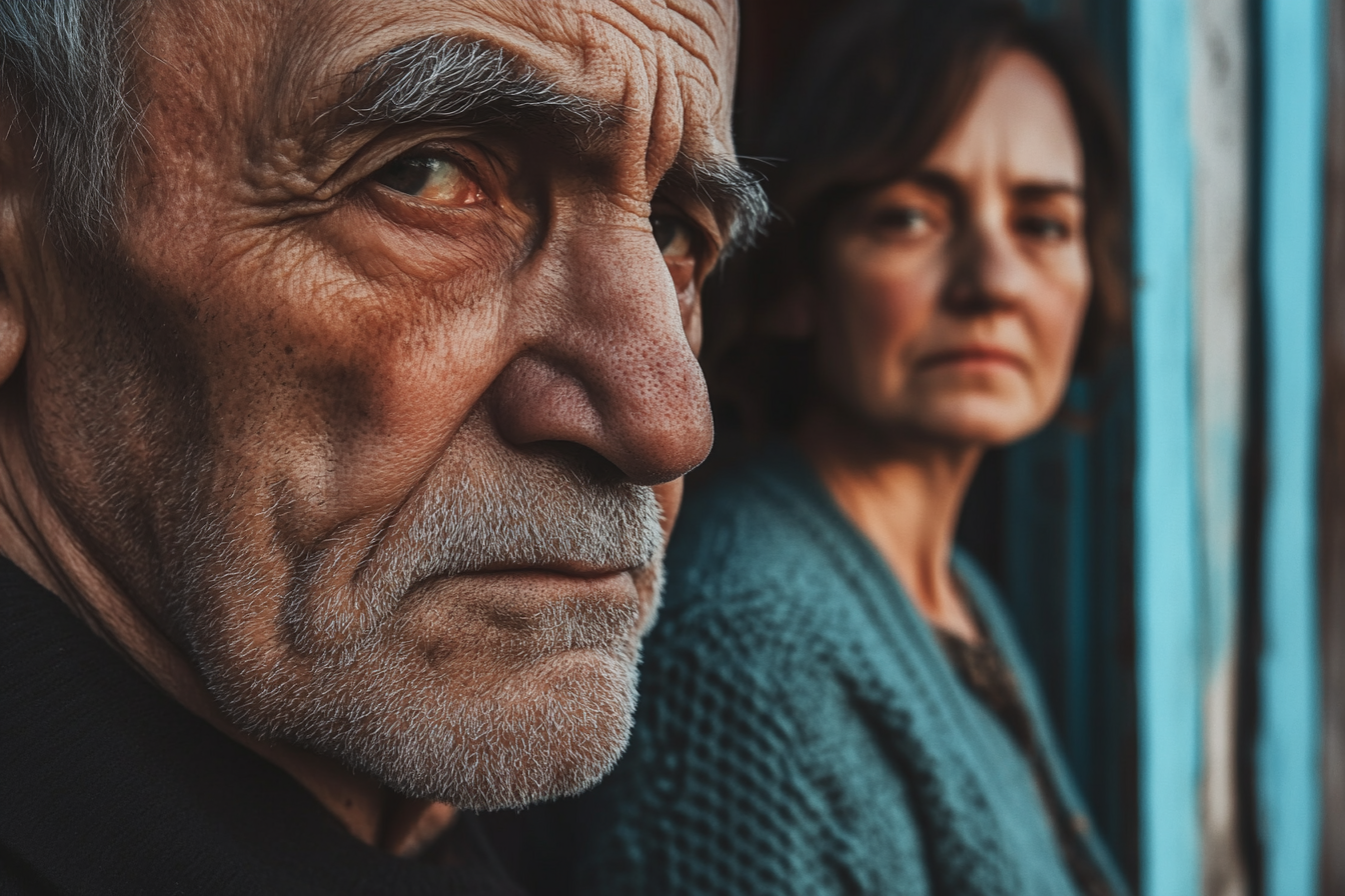 Un homme âgé et sa femme devant leur maison | Source : Midjourney