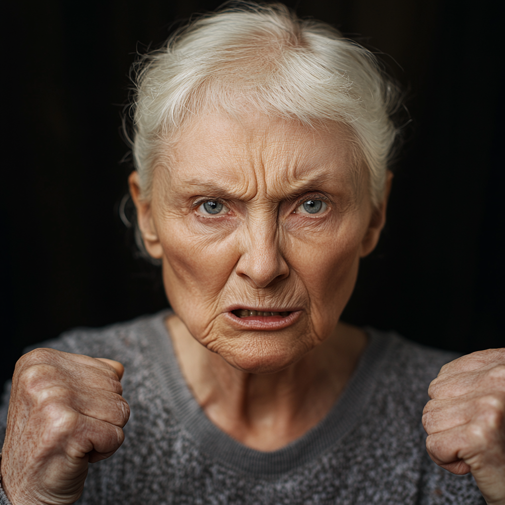 Une femme âgée en colère, vêtue de vêtements gris | Source : Midjourney