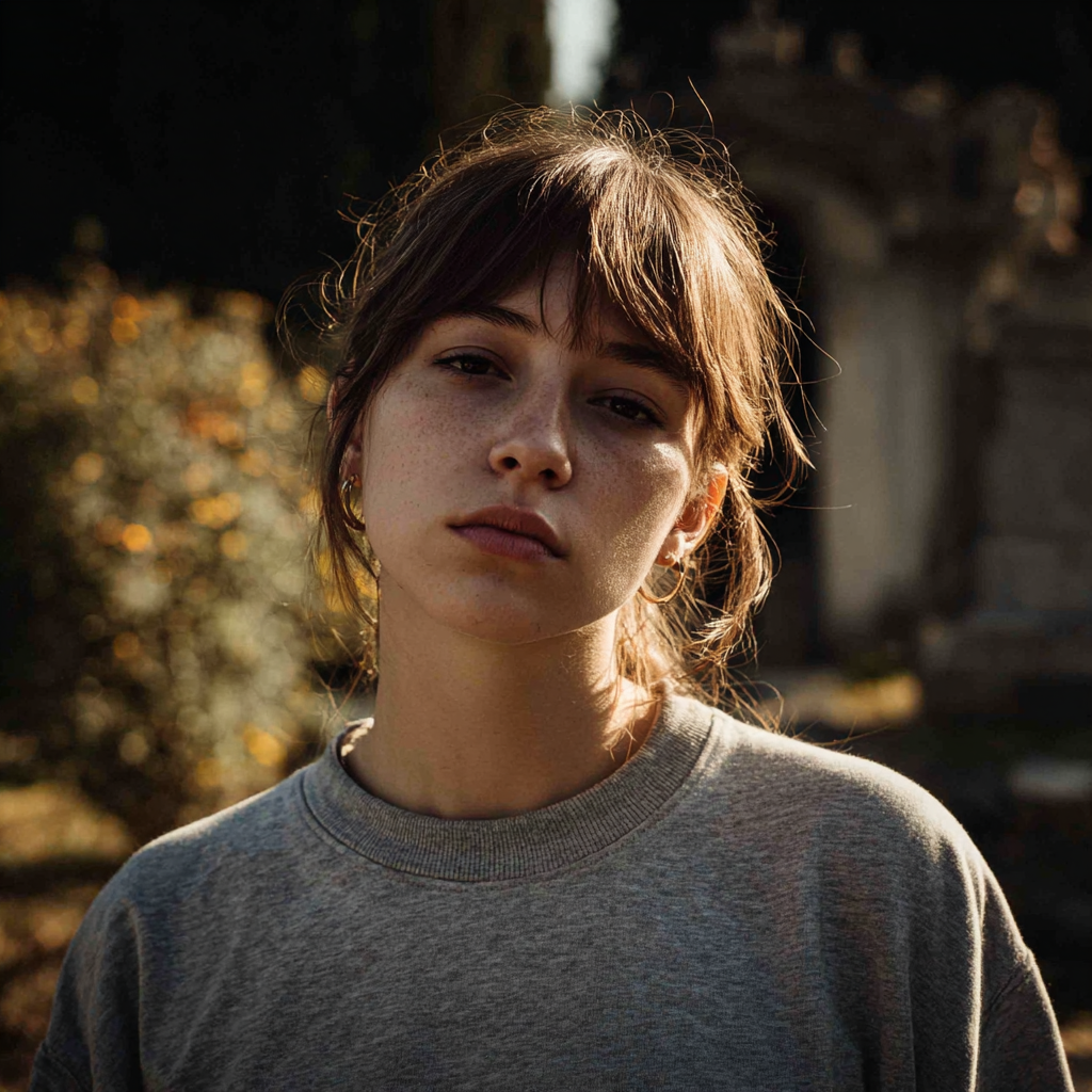 Gros plan sur une femme bouleversée portant un t-shirt gris | Source : Midjourney