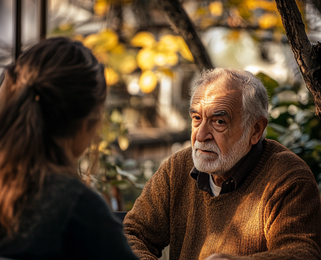 Une jeune femme et un homme âgé en pleine conversation | Source : Midjourney