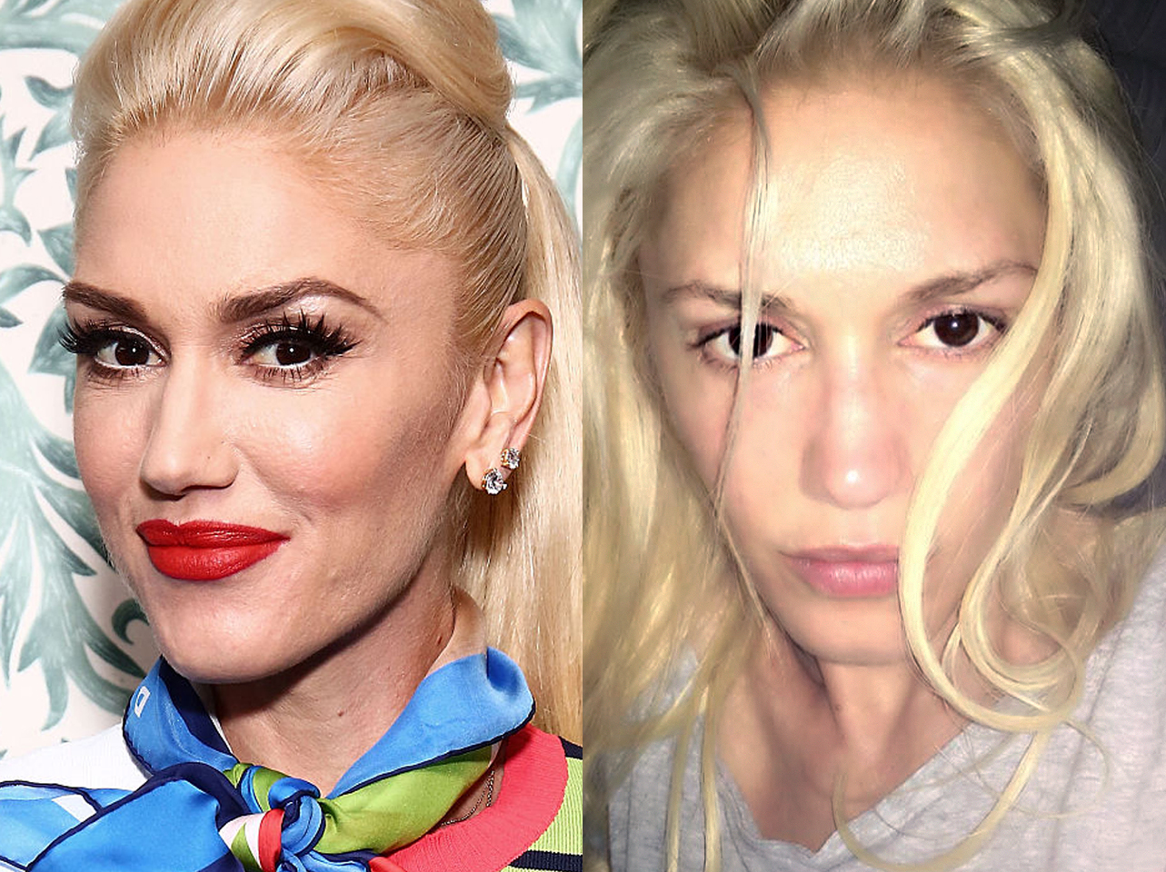 Gwen Stefani avec maquillage vs sans maquillage | Source : Getty Images | Instagram/gwenstefani