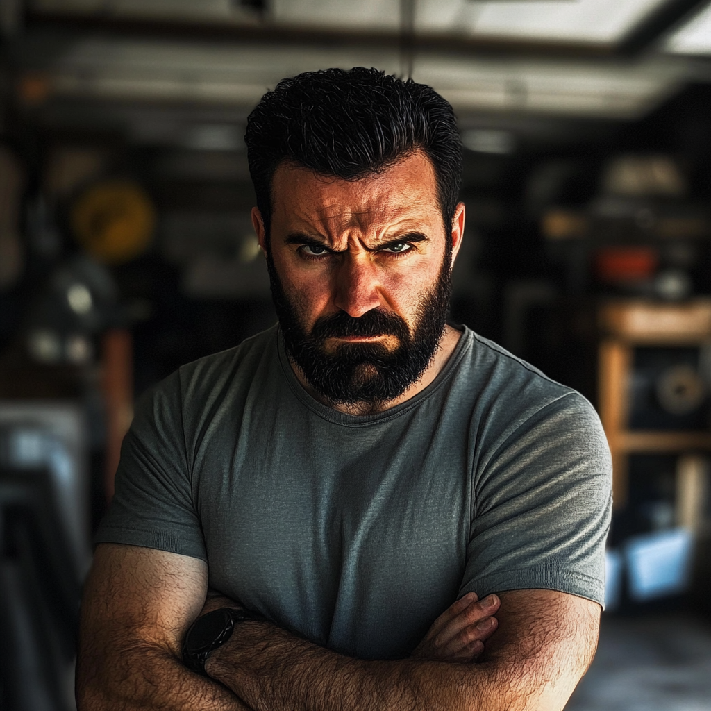 Un homme en colère debout dans un garage | Source : Midjourney