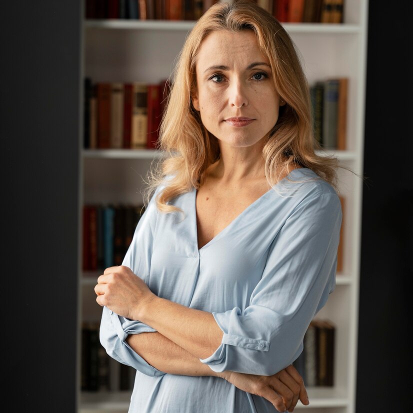 Une femme sérieuse dans son salon | Source : Freepik