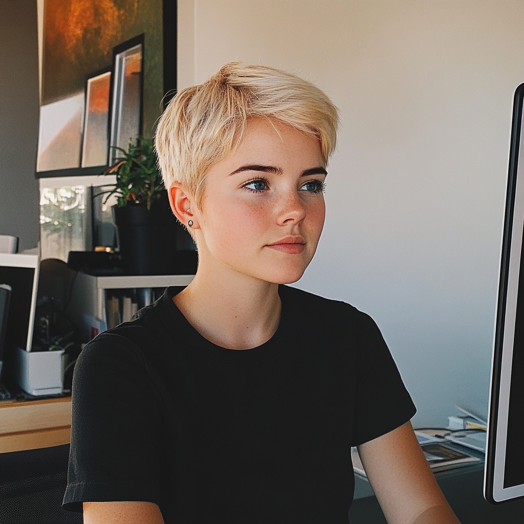 Une femme assise à son bureau | Source : Midjourney