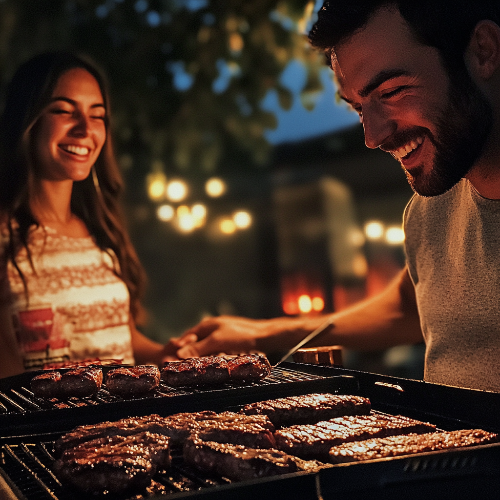 Un couple souriant fait griller de la viande | Source : Midjourney