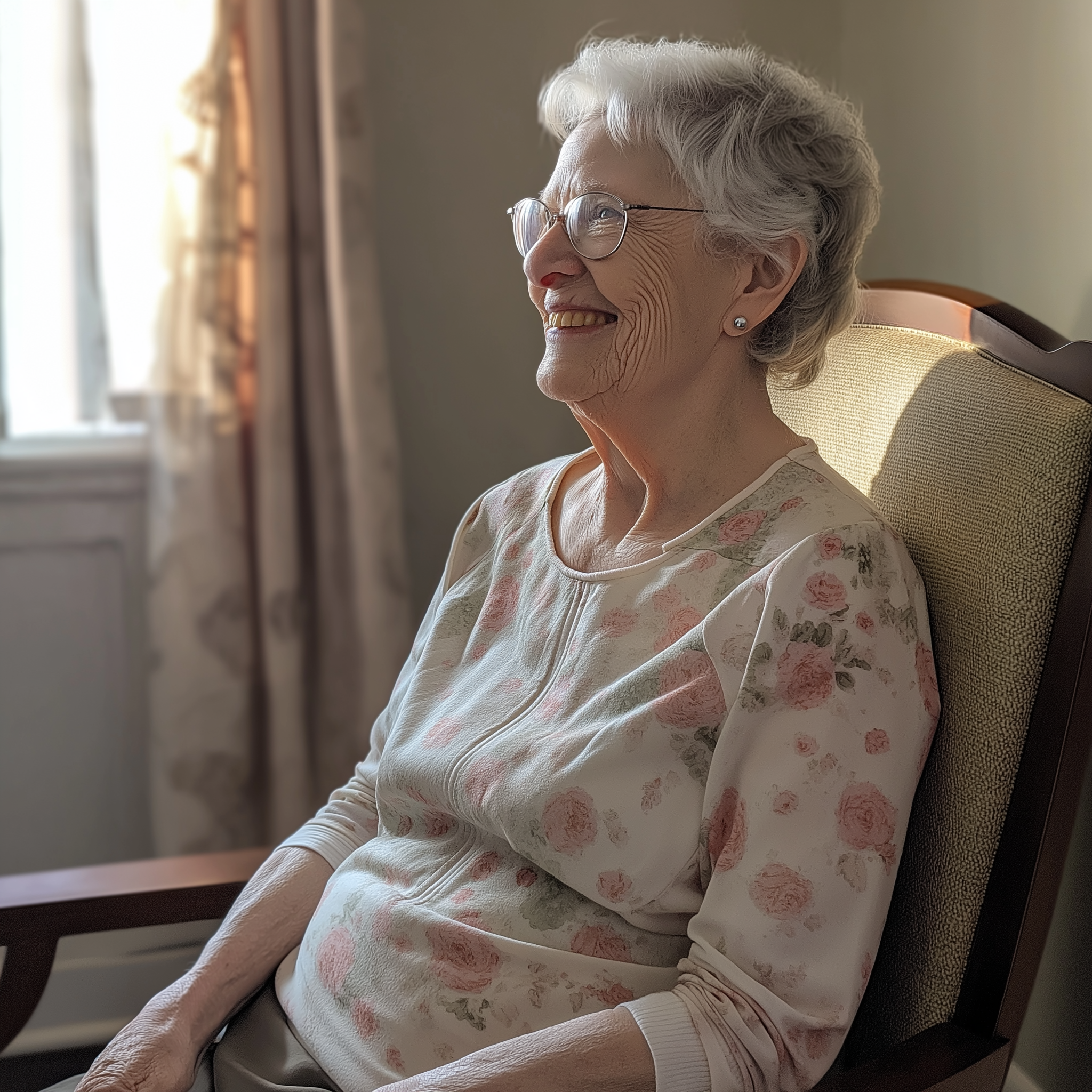 Une vieille femme souriante assise sur une chaise | Source : Midjourney