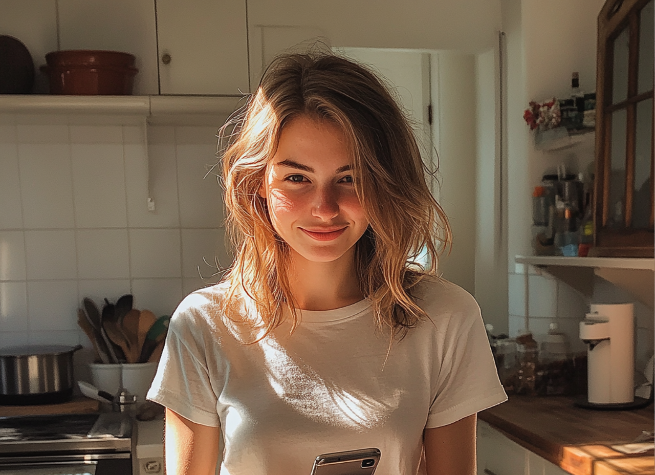Une femme souriante debout dans une cuisine | Source : Midjourney