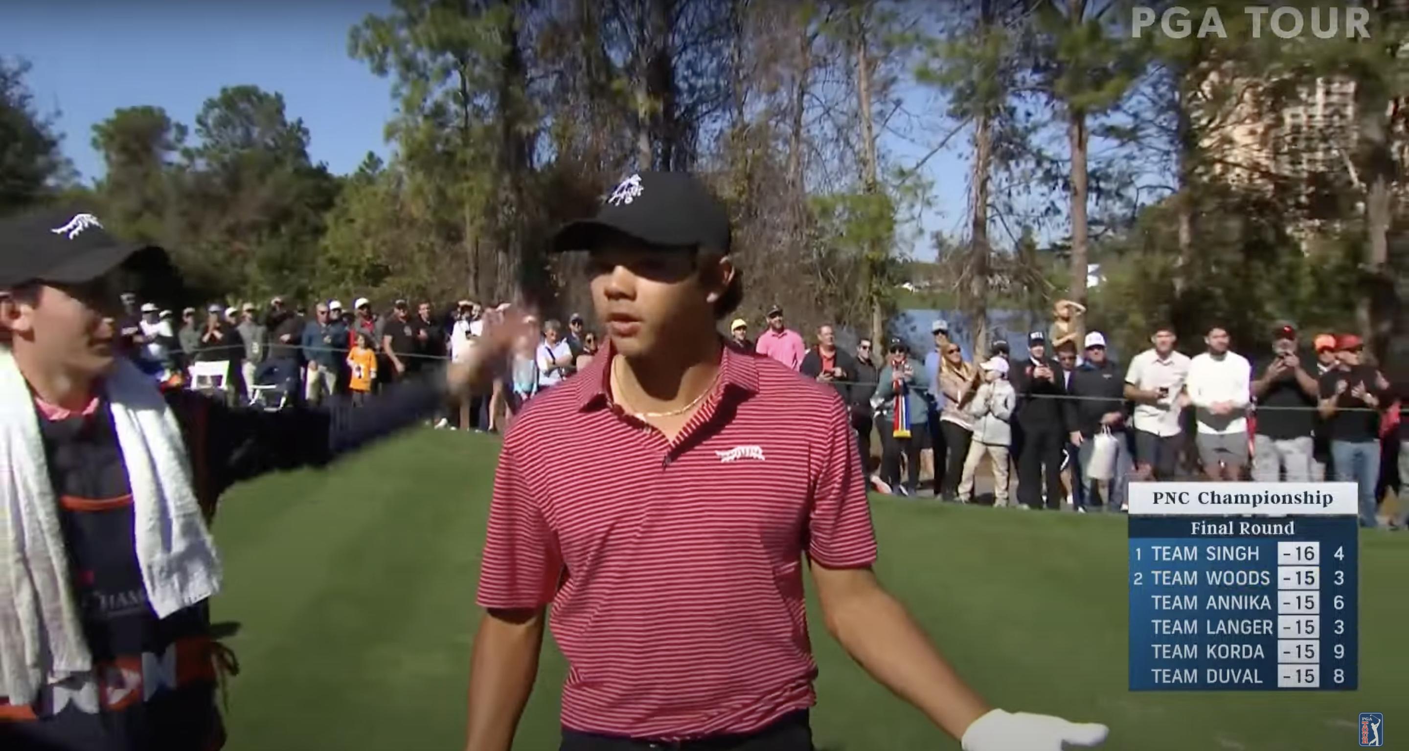 Charlie Woods lors du tour final du PNC Championship 2024 en Floride, posté le 23 décembre 2024 | Source : YouTube.com/PGATOUR