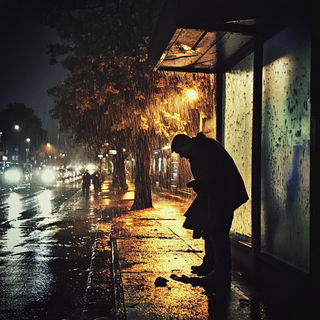 Un homme courbé sous la pluie | Source : Midjourney