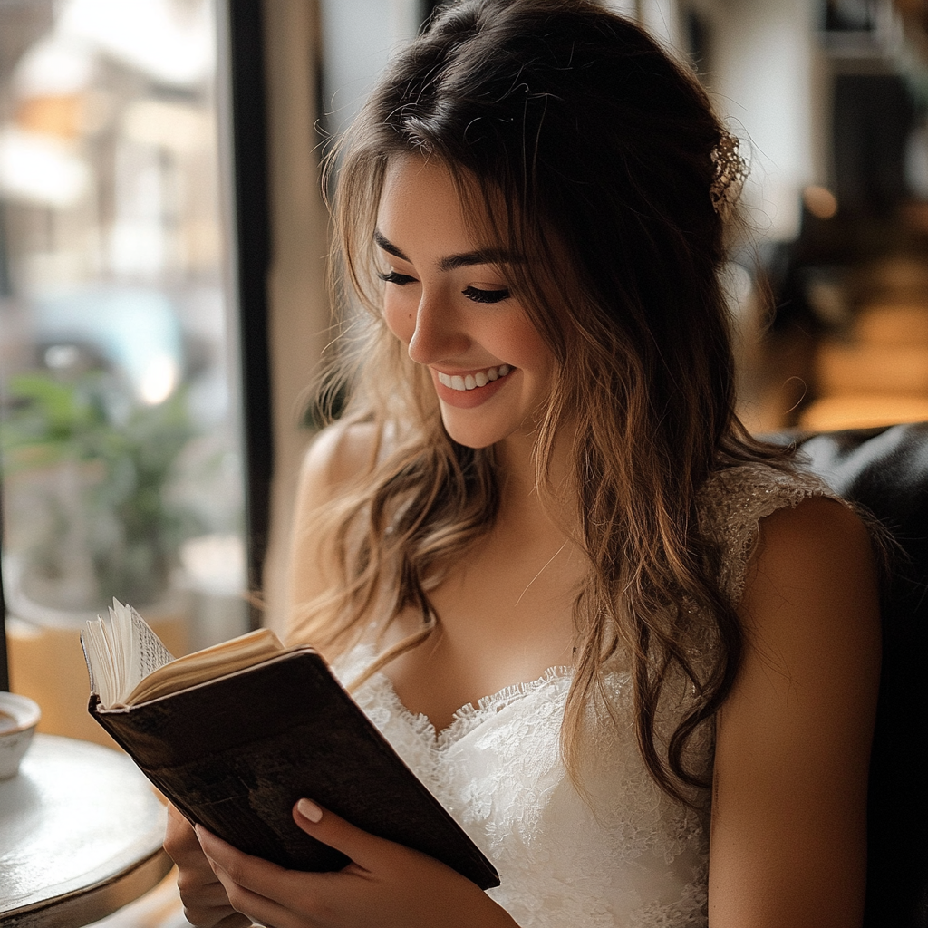 The bride smiles as she looks at her newspaper | Source: Midjourney