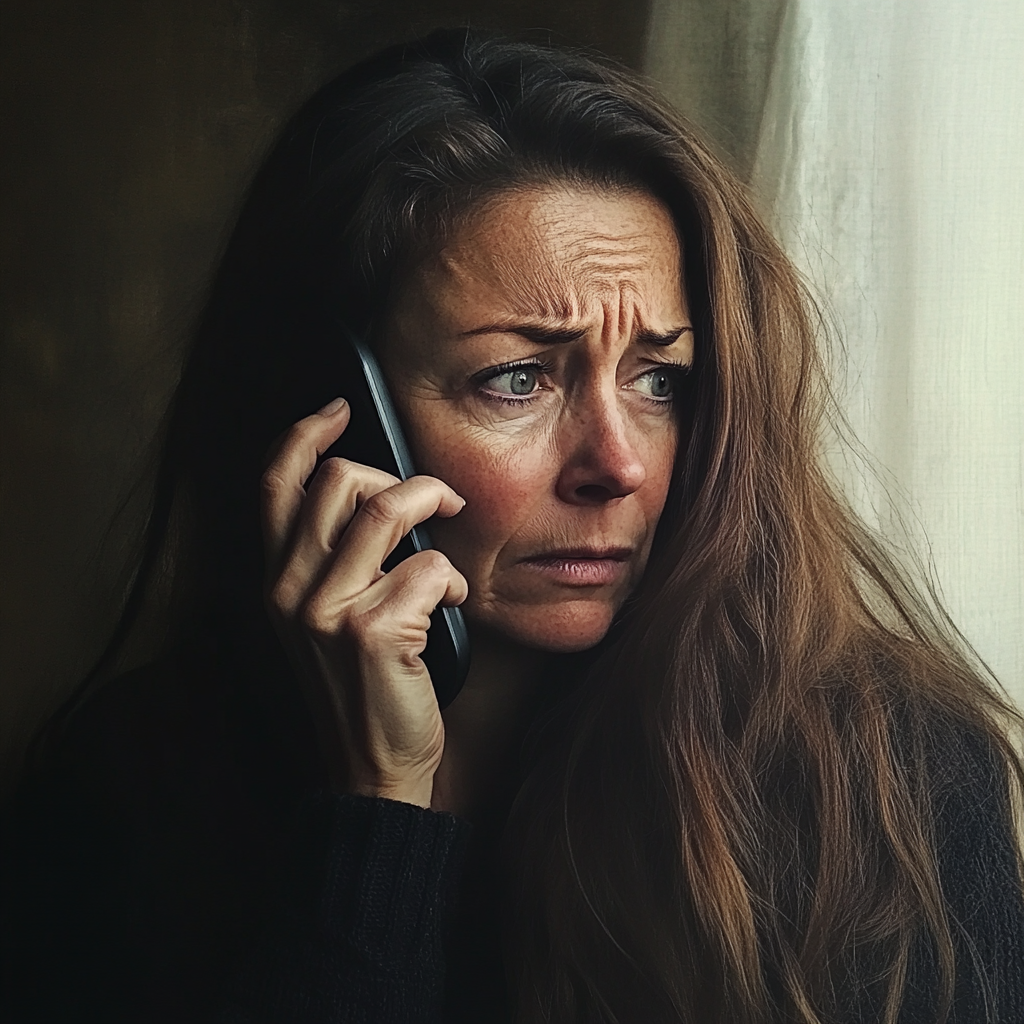 Une femme bouleversée qui parle au téléphone | Source : Midjourney