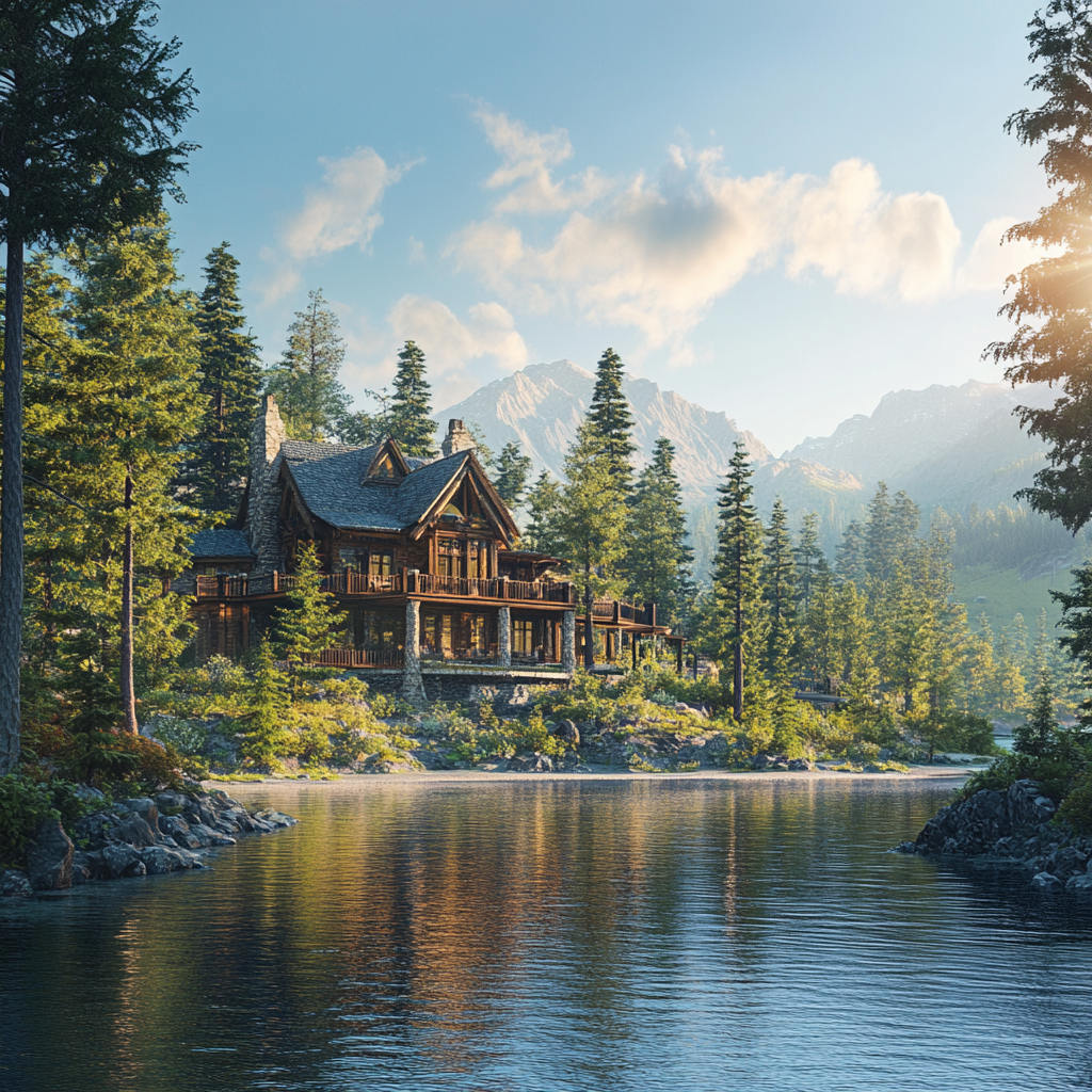 Une photo panoramique d'une superbe maison au bord d'un lac | Source : Midjourney