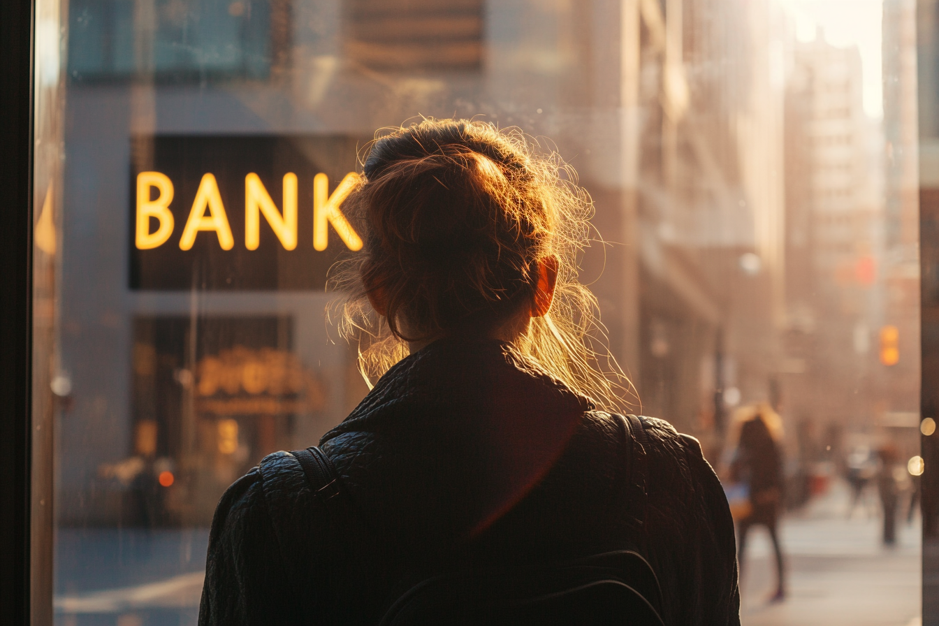 Une femme devant une banque | Source : Midjourney