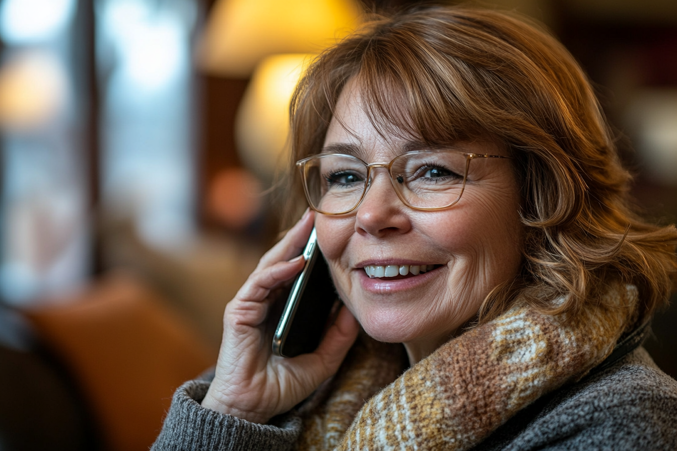 Une femme souriante qui parle au téléphone | Source : Midjourney