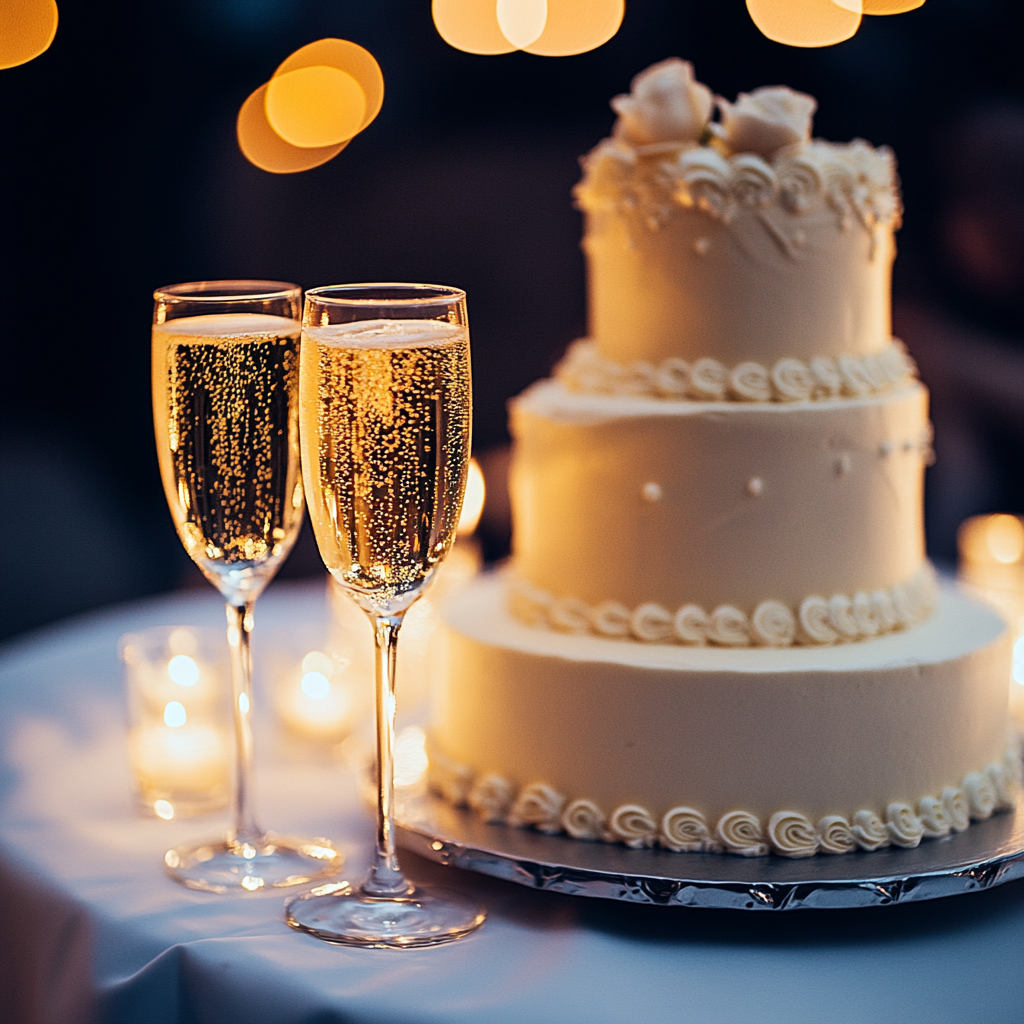 Des coupes de champagne à côté d'un gâteau de mariage | Source : Midjourney