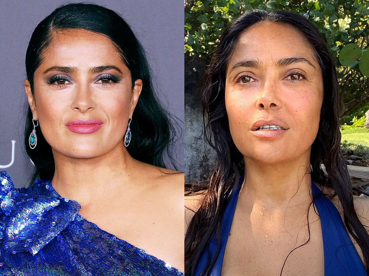 Salma Hayek avec maquillage vs sans maquillage | Source : Getty Images | Instagram/salmahayek