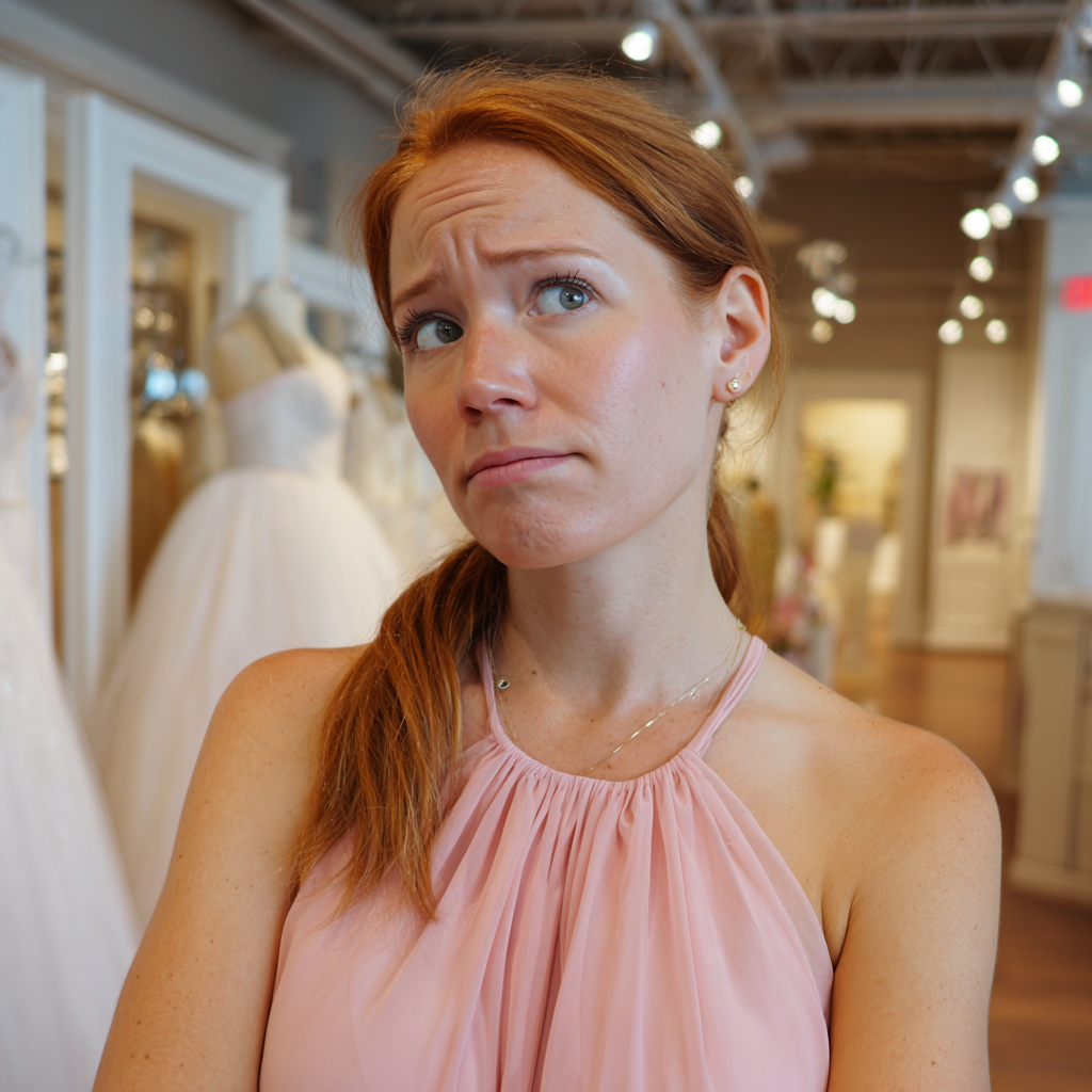 Une femme renfrognée portant une robe rose | Source : Midjourney
