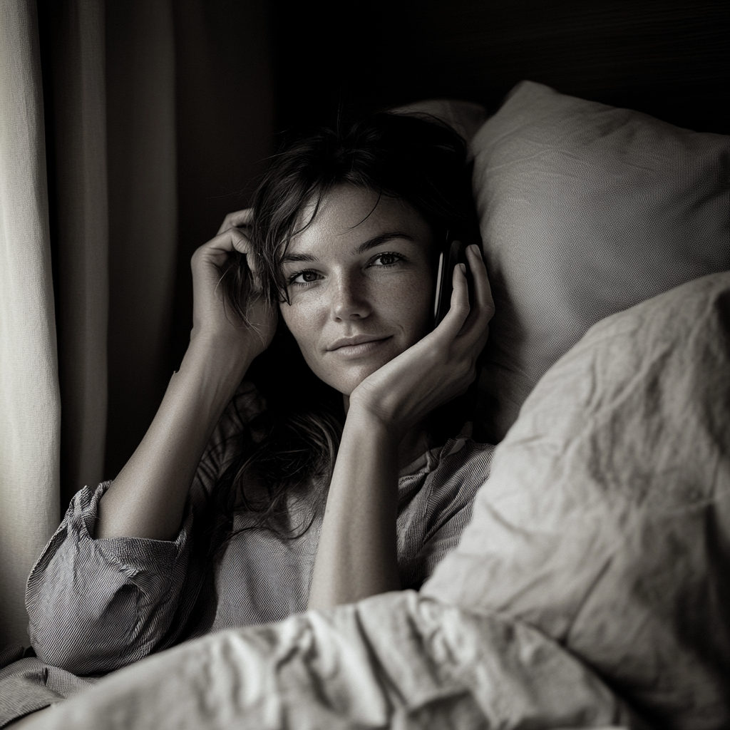 Femme dans une chambre d'hôtel passant un appel téléphonique | Source : Midjourney