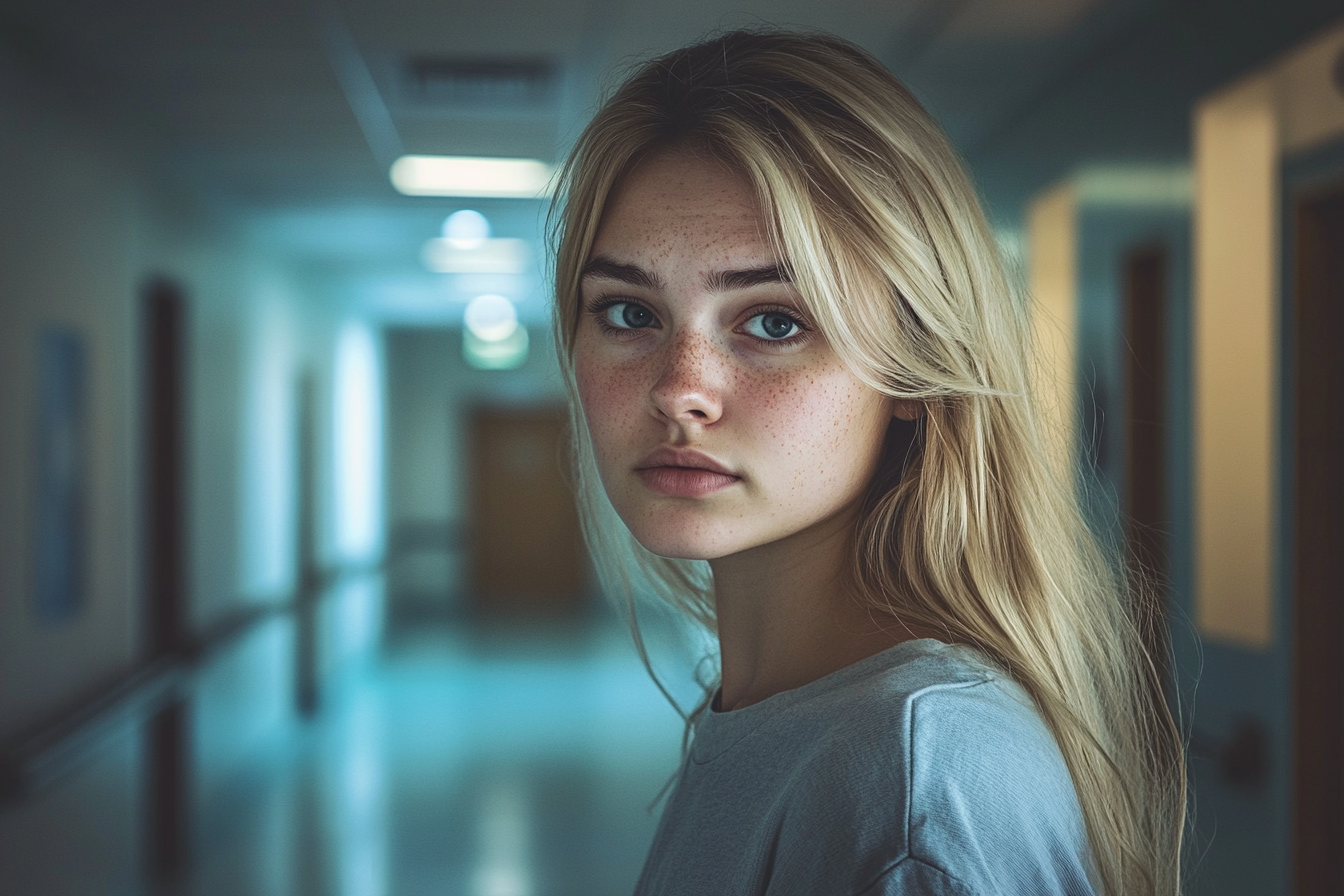 Une femme triste et confuse dans un couloir d'hôpital | Source : Midjourney