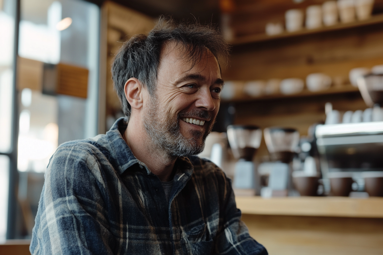 Un homme souriant dans un coffeeshop | Source : Midjourney